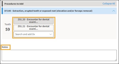 Add Procedures window with yellow highlight boxes around the diagnosis code section and the Notes.